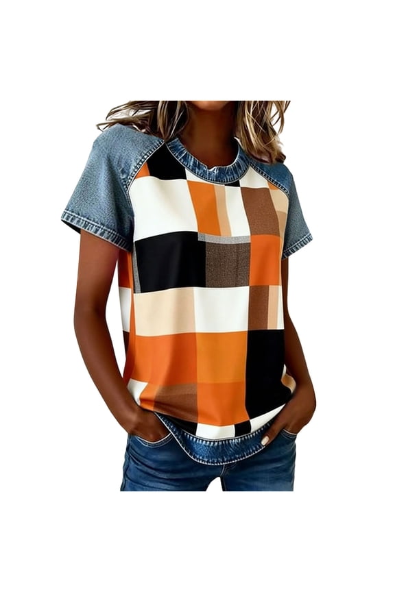 Women's Casual Short Sleeve Top Crewneck Imitation Denim Look Plaid Contrast Panel Raglan Sleeve Blouse Orange