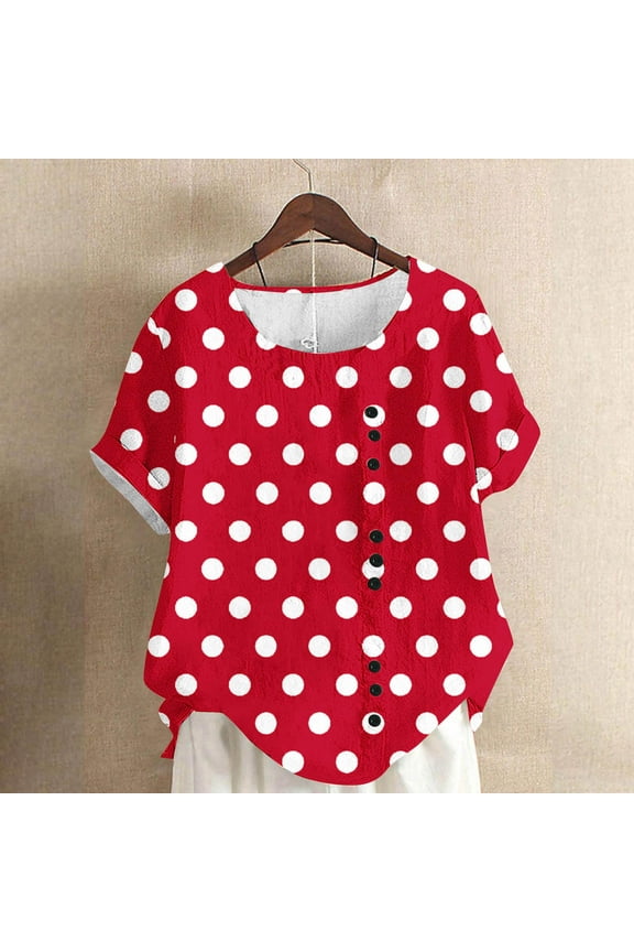 Women's Casual Short Sleeve Top, Polka Dot Print Button Down T-Shirt, Linen Feel 100% Cotton Blouse for Summer, Relaxed Fit Crew Neck Daily Wear