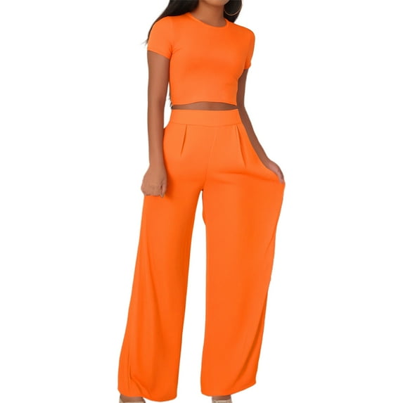 Women's Casual Short Sleeve Two Piece Outfit Summer Spring Fall Everyday Comfortable Pure Color Tops And Bottoms Set With Heels