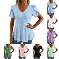thumbnail image 1 of Women's Casual Short Sleeve V Neck Blouse Shirt Top, Solid Color Loose Fit Breathable Cotton for Summer Fashion | CSEONE,Black L, 1 of 9