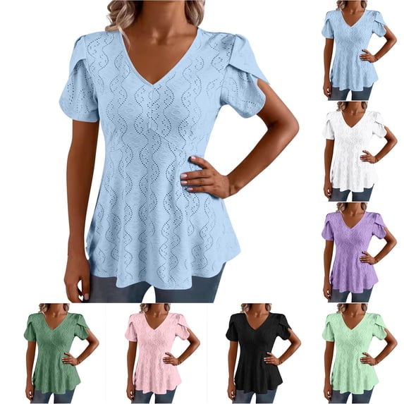 Women's Casual Short Sleeve V Neck Blouse Shirt Top, Solid Color Loose Fit Breathable Cotton for Summer Fashion | CSEONE,Pink L