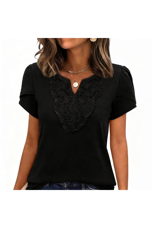 Women's Casual Short Sleeve V Neck Hollow Out Patchwork Tops Shirts Blouses Solid Color Loose Fit Boho Chic for Vacation Beach Party and Daily Wear Fashion Essential Gift for Women