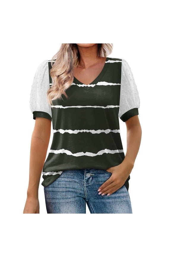 Women's Casual Short Sleeve V-Neck Pullover Blouse, Printed with Stitching and Mesh Puff Sleeves, Stylish and Comfortable T-shirt for Casual Wear, Summer Outings, Available in Multiple Sizes