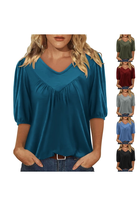 Women's Casual Short Sleeve V Neck Sequined Loose Fit Blouse Top Shirt Tunics for Work Office Party Wedding Vacation Beach Daily Wear Trendy Fashion Apparel | Ihhxva,Blue M