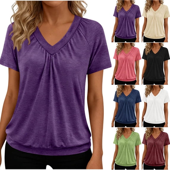 Women's Casual Short Sleeve V Neck Top Blouse Shirt Pullover Loose Fit Breathable Summer Fashion | CSEONE,Beige L