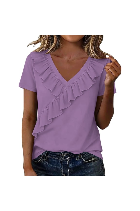 Women's Casual Short Sleeve V Neck Top Loose Fit Ruched Bust Detail Solid Color Summer Blouse Purple