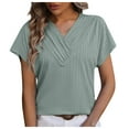 thumbnail image 1 of Women's Casual Short Sleeve Wrap V Neck T-Shirts Tunics Summer Trendy 2025 Solid Color Pullovers Blouses Green,L, 1 of 4