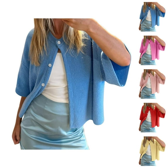Women's Casual Short Sleeved Knit Cardigan Solid Color Half Neck Button Down Sweater Cardigan Sweaters for Women