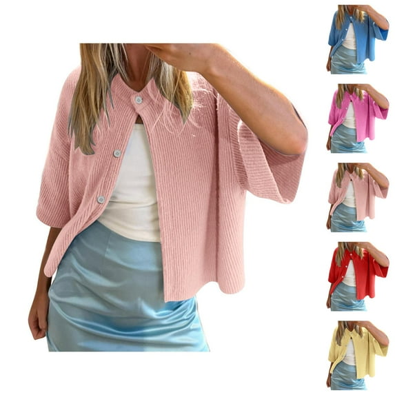 Women's Casual Short Sleeved Knit Cardigan Solid Color Half Neck Button Down Sweater Cardigan Sweaters for Women