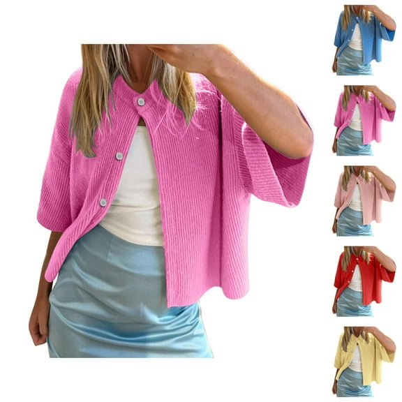 Women's Casual Short Sleeved Knit Cardigan Solid Color Half Neck Button Down Sweater Cardigan Sweaters for Women