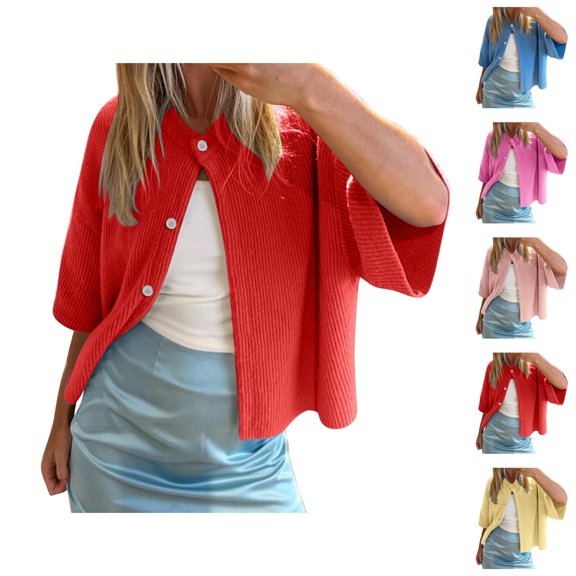 Women's Casual Short Sleeved Knit Cardigan Solid Color Half Neck Button Down Sweater Cardigan Sweaters for Women