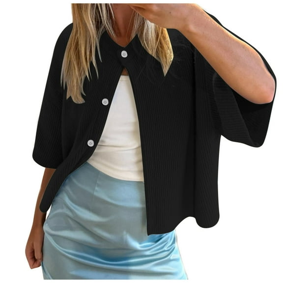 Women's Casual Short Sleeved Knit Cardigan Solid Color Half Neck Button Down Sweater 1 Womens plus Size Sweater Versatile Cardigan Loose Knit Cardigan Open Long Cardigans for Women Mesh Cardigan Open