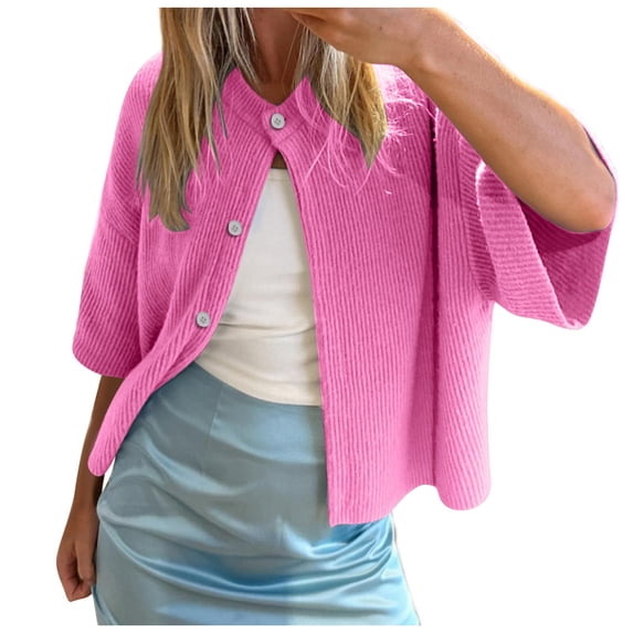 Women's Casual Short Sleeved Knit Cardigan Solid Color Half Neck Button Down Sweater 3x Cardigan Womens Sweaters Fall Cardigan Long Sleeve Draped Open Front Cardigan Crotchet Cardigans for Women