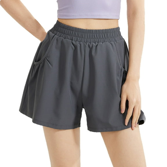 Women's Casual Shorts High Rise Summer Loose Elastic Waist Pocketed Short Pants Wide Leg Solid Color Shorts (L, Gray)