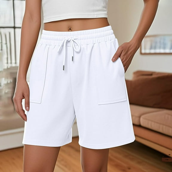 Women's Casual Shorts High Waist Wide Leg with Pockets Drawstring Elastic Waist Athletic Home Outdoor All Season Lightweight Comfort White S-3XL