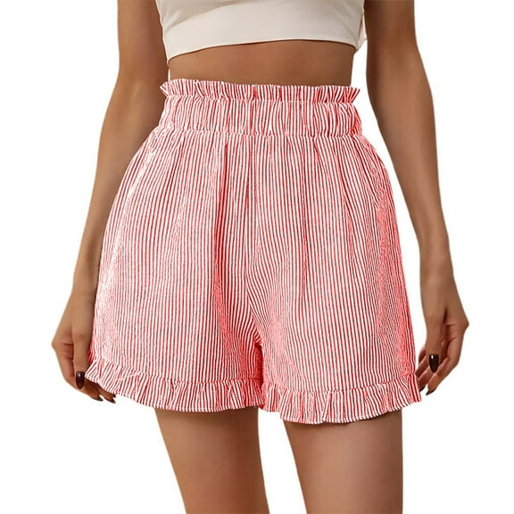 Women's Casual Shorts Striped High Rise Summer Comfy Elastic Waist Short Pants Ruffle Wide Leg Loose Shorts (2XL, Pink)
