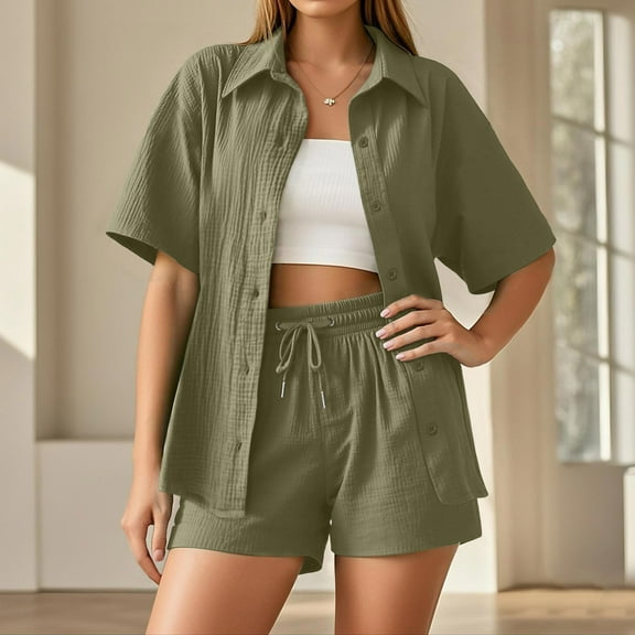 Women's Casual Shorts Suit Set Linen Shirt and Shorts Outfit Comfortable Summer Vacation Everyday Wear Stylish Two Piece Ensemble Ladies Swim Pants Summer Bathing Suits Bikini Beach Cover up