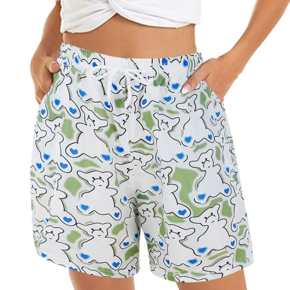 Women's Casual Shorts Summer Comfy Beach Shorts Elastic Waist Floral Print With 2 Pockets, Floral Sand Short Sleeve Weekend Shorts Shrink-to-Fit Comfort Waist Leisure Women's White