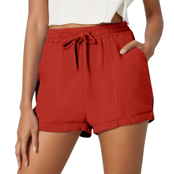 Women's Casual Shorts With Pocket Solid Color Drawstring Elastic Waist Stylish Comfortable Shorts For Holiday Vacation Beach,Red,M
