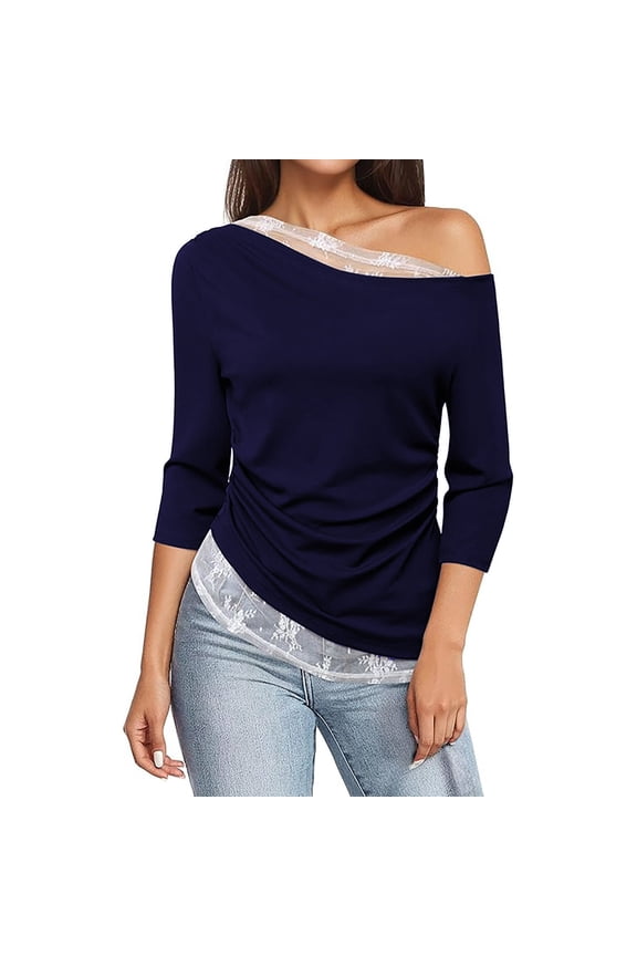 Women's Casual Off The Shoulder Crop Top Long Sleeved, Lace Knit Panel, Side Pleated, Made of 35% Rayon 60% Polyester 5% Spandex, for Multiple Occasions
