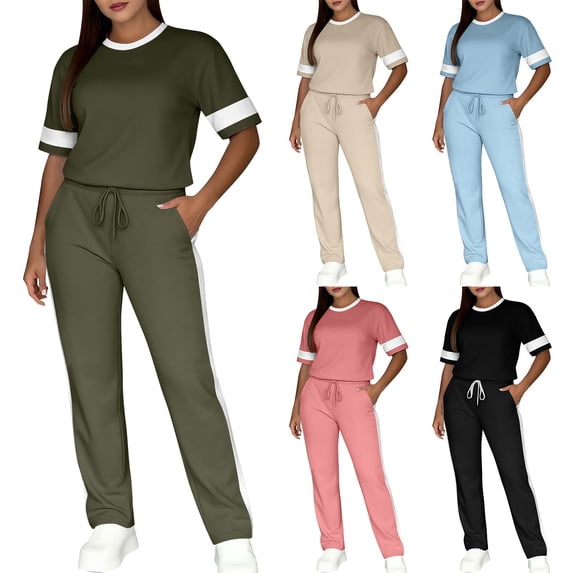 Women's Casual Side Stripe Drawstring Pants Set with Short Sleeve Shirt, Relaxed Fit Lounge Suit for Travel or Daily Wear, Comfortable Two Piece | CSEONE,Army Green L