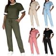 thumbnail image 1 of Women's Casual Side Stripe Drawstring Pants Set with Short Sleeve Shirt, Relaxed Fit Lounge Suit for Travel or Daily Wear, Comfortable Two Piece | CSEONE,Blue S, 1 of 9