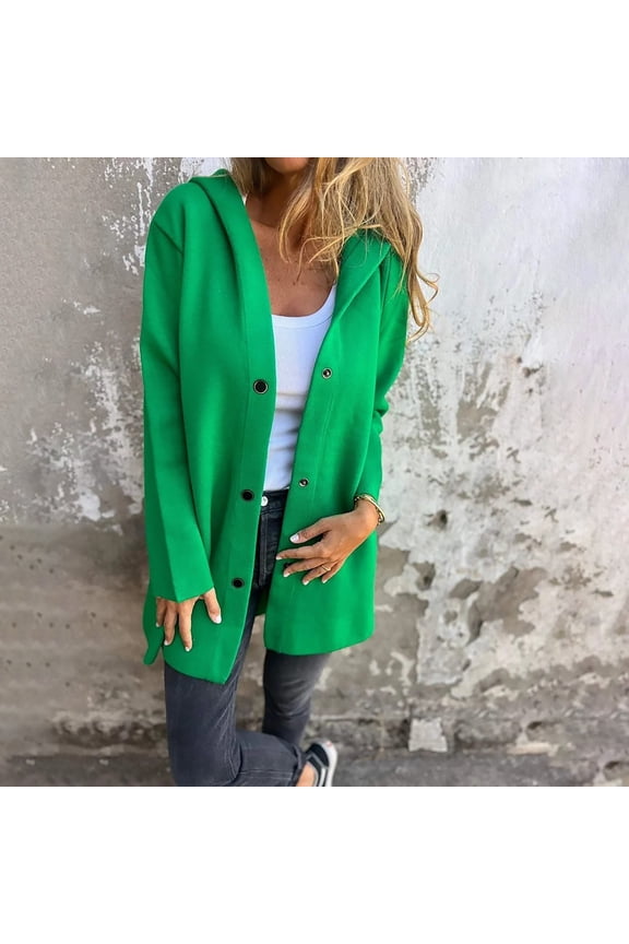 Women's Casual Single Breasted Trench Coat, Hooded Longline Jacket for Fall Winter, Loose Fit Long Sleeve Outwear for Daily Street Style-Green