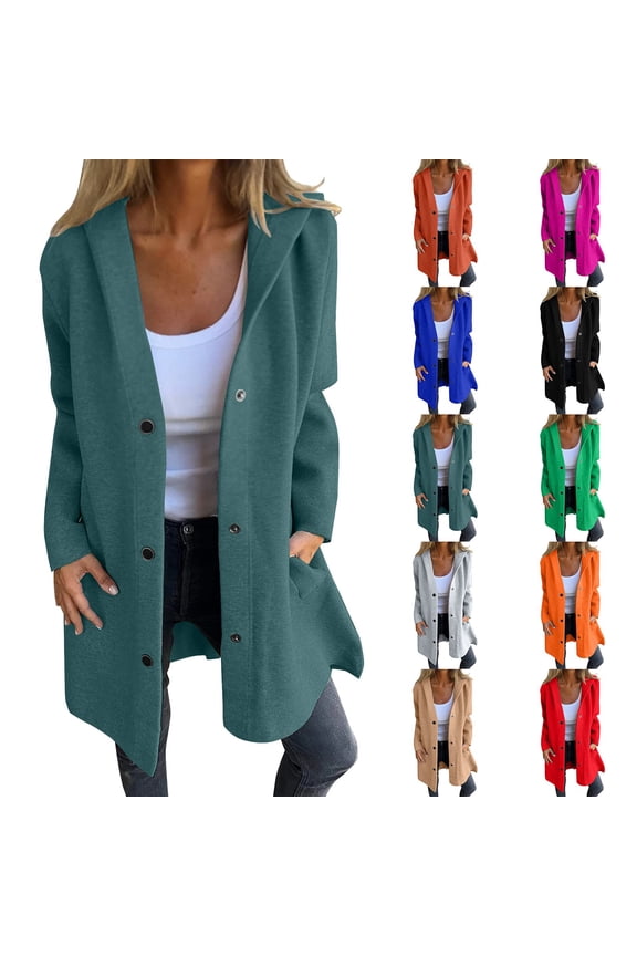 Women's Casual Single Breasted Trench Coat, Hooded Longline Jacket for Fall Winter, Loose Fit Long Sleeve Outwear for Daily Street Style-JN