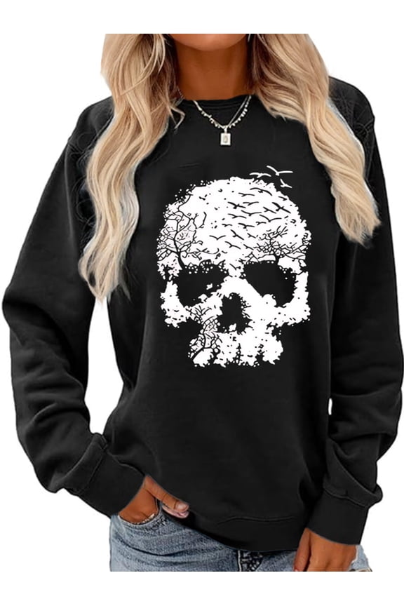 Women's Casual Skeleton pattern Long Sleeve Sweatshirts Crew Neck Pullover Top