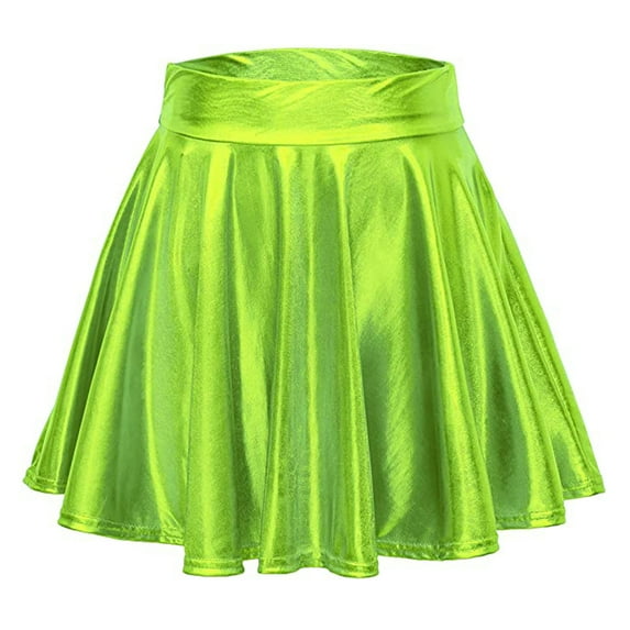 Women's Casual Skirt A Line Solid Color Metallic Flared Pleated Stylish Shiny Mini Skirts For Everyday Wear,Green,Xl