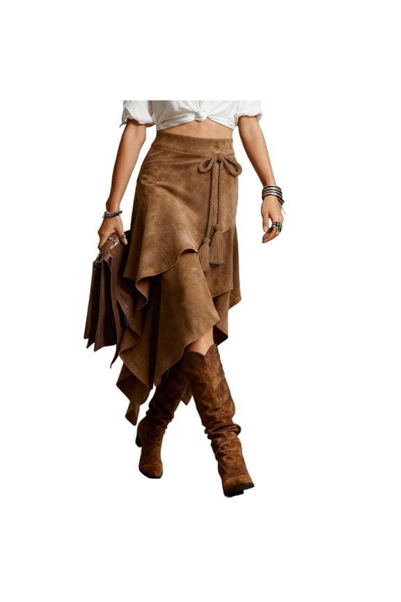 Women's Casual Skirt, Asymmetrical Ruffled Midi Skirt with String Tassel Accents and Adjustable Waist, Bohemian Style for Weekend, Party, or Daily Wear