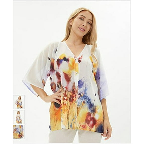 Women’s Casual 3/4 Sleeve Printed Georgette Blouse Button Down Chiffon Shirt, Top.