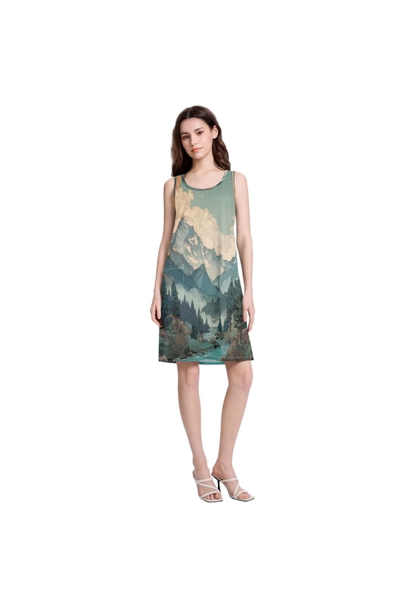 Women's Casual Sleeveless All Over Print Dress Loose A Line Flowy Dresses with Pockets Beautiful Forest XXXL
