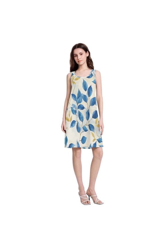 Women's Casual Sleeveless All Over Print Dress Loose A Line Flowy Dresses with Pockets Beautiful Pretty Blue Leaves XL