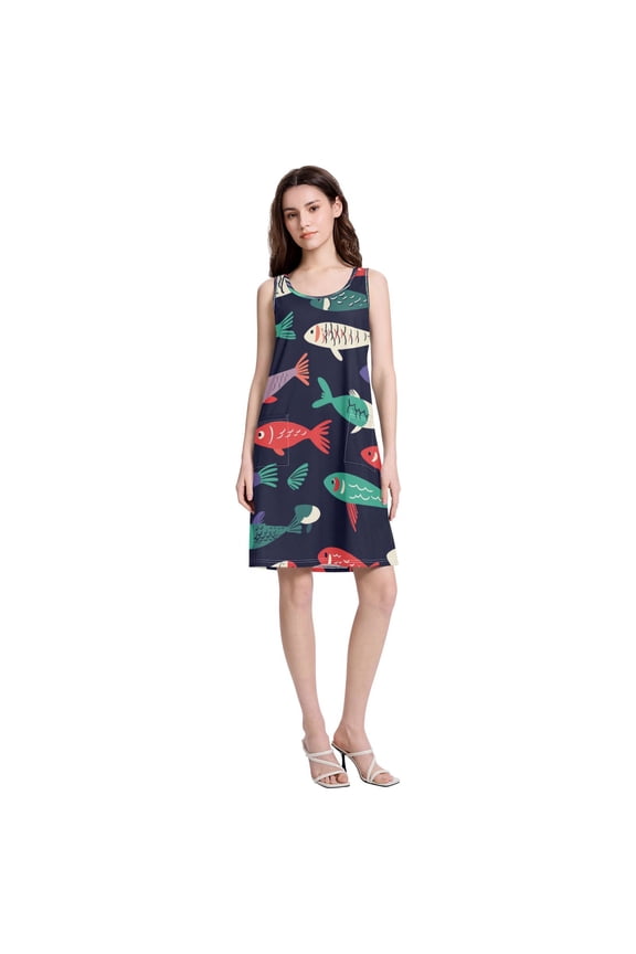 Women's Casual Sleeveless All Over Print Dress Loose A Line Flowy Dresses with Pockets Color Fish Pattern XXL