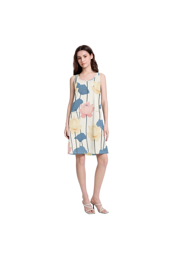 Women's Casual Sleeveless All Over Print Dress Loose A Line Flowy Dresses with Pockets Colorful Lotus Pattern S