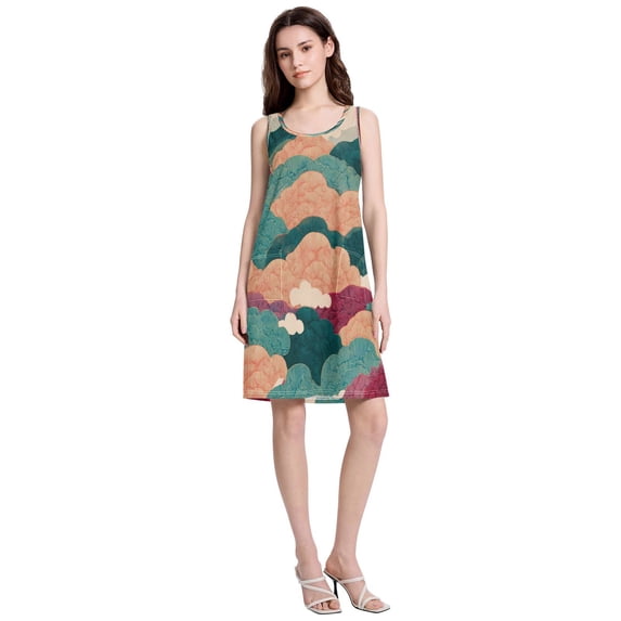 Women's Casual Sleeveless All Over Print Dress Loose A Line Flowy Dresses with Pockets Colorful and Beautiful Clouds L
