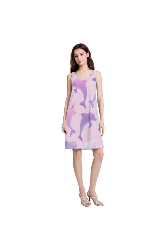 Women's Casual Sleeveless All Over Print Dress Loose A Line Flowy Dresses with Pockets Dolphin Pattern Pastel XXXL