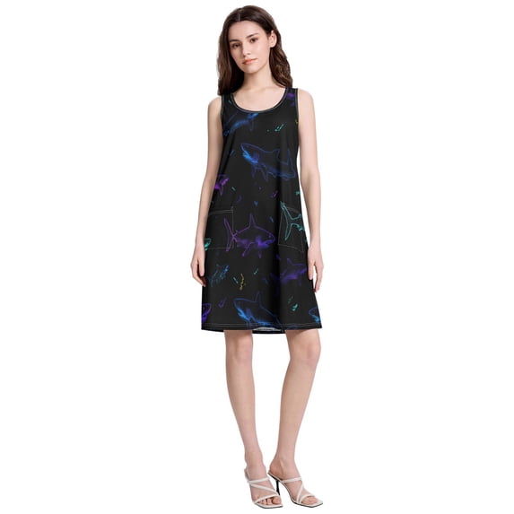 Women's Casual Sleeveless All Over Print Dress Loose A Line Flowy Dresses with Pockets Fierce Shark Pattern Design L