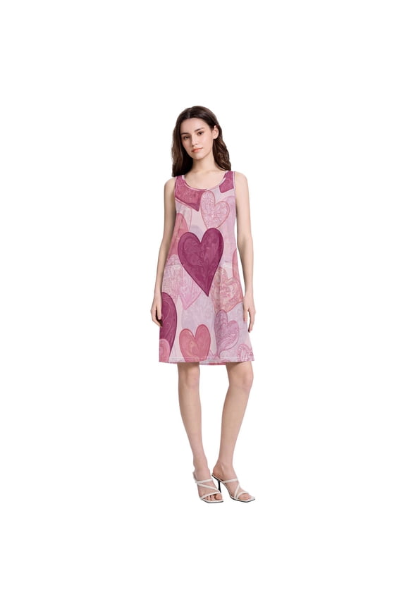 Women's Casual Sleeveless All Over Print Dress Loose A Line Flowy Dresses with Pockets Heart Pattern Digital L