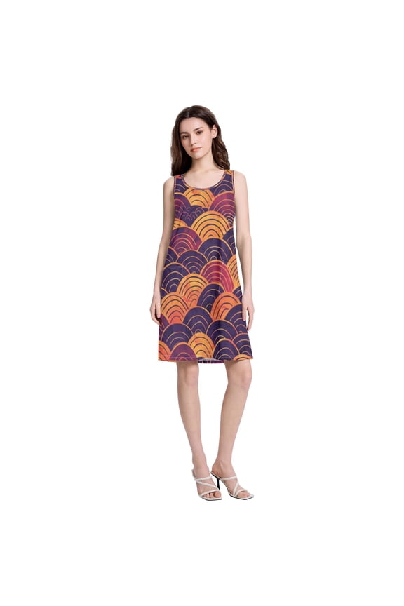 Women's Casual Sleeveless All Over Print Dress Loose A Line Flowy Dresses with Pockets Line Sunset S