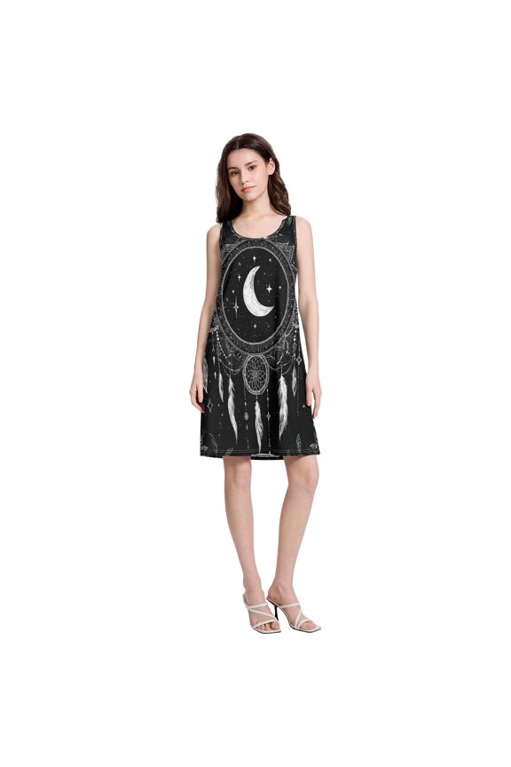Women's Casual Sleeveless All Over Print Dress Loose A Line Flowy Dresses with Pockets Moon Night Drawing XXXL