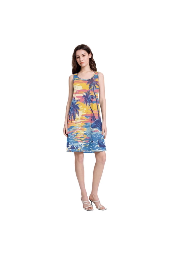 Women's Casual Sleeveless All Over Print Dress Loose A Line Flowy Dresses with Pockets Sunset Beach XL