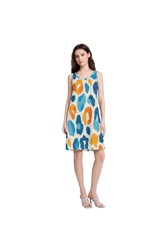Women's Casual Sleeveless All Over Print Dress Loose A Line Flowy Dresses with Pockets Vector Blue Spot Pattern L