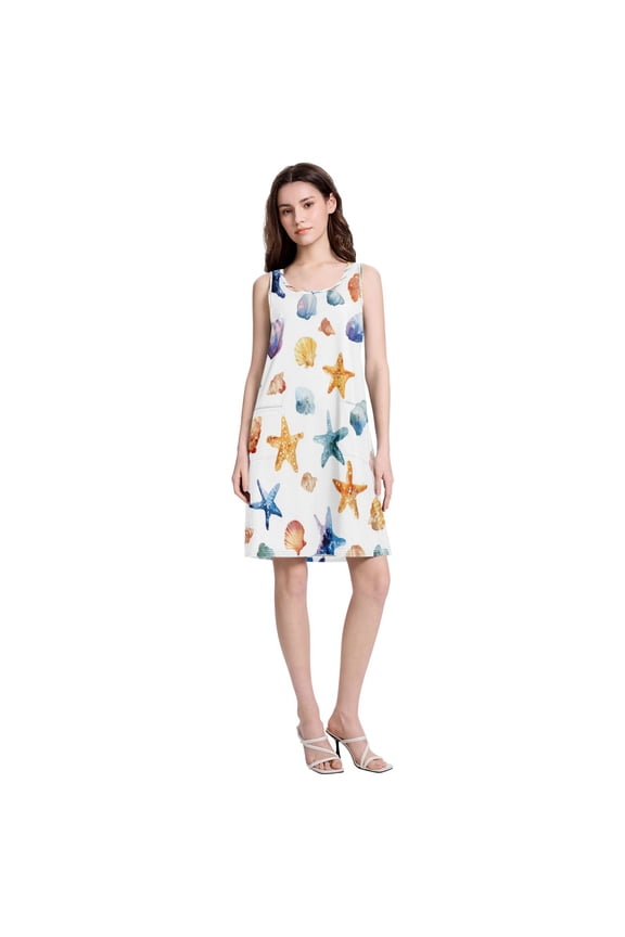 Women's Casual Sleeveless All Over Print Dress Loose A Line Flowy Dresses with Pockets Watercolor Sea Stars Shells L