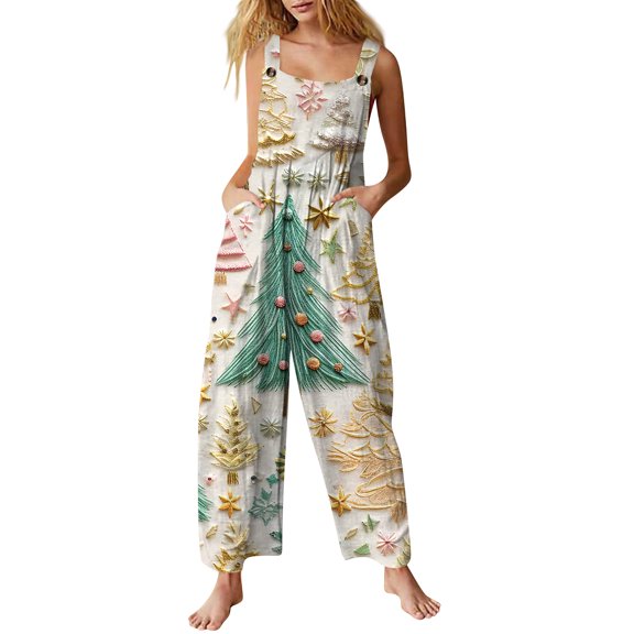 Women's Casual Sleeveless Christmas Print Cotton Jumpsuit, Beige, Size S