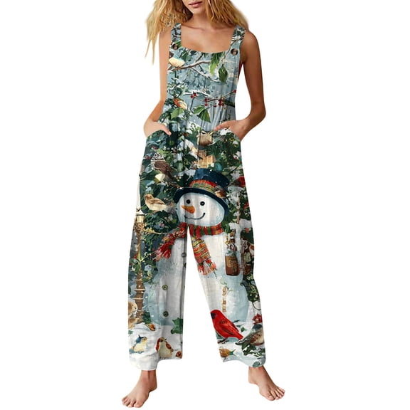 Women's Casual Sleeveless Christmas Print Cotton Jumpsuit, Sky Blue, Size S