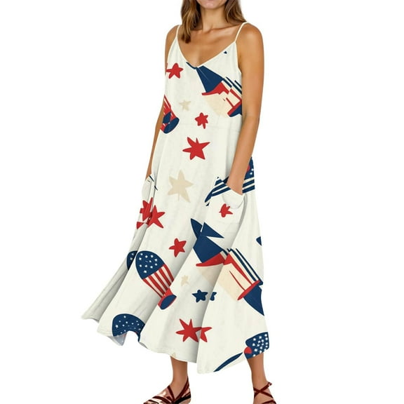 Women's Casual Sleeveless Dress with Independence Day Print, Pocket Design, Lightweight Summer Beach Vacation Dress for Outdoor Party, Daily Wear,Beige S