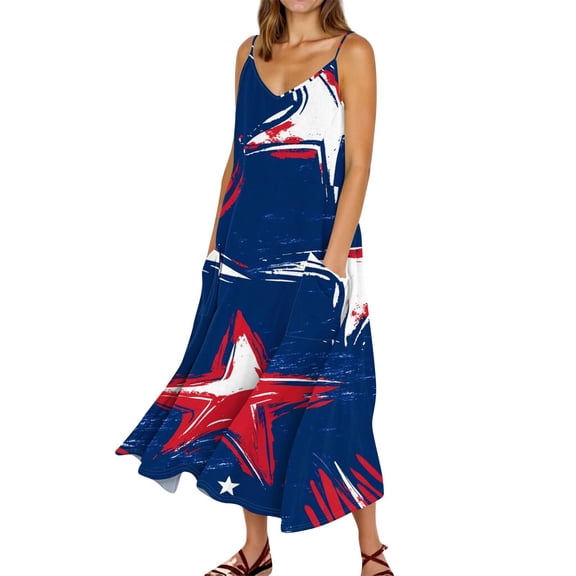 Women's Casual Sleeveless Dress with Independence Day Print, Pocket Design, Lightweight Summer Beach Vacation Dress for Outdoor Party, Daily Wear,Blue L