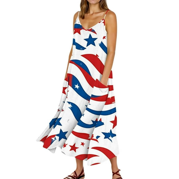 Women's Casual Sleeveless Dress with Independence Day Print, Pocket Design, Lightweight Summer Beach Vacation Dress for Outdoor Party, Daily Wear,Royal Blue L